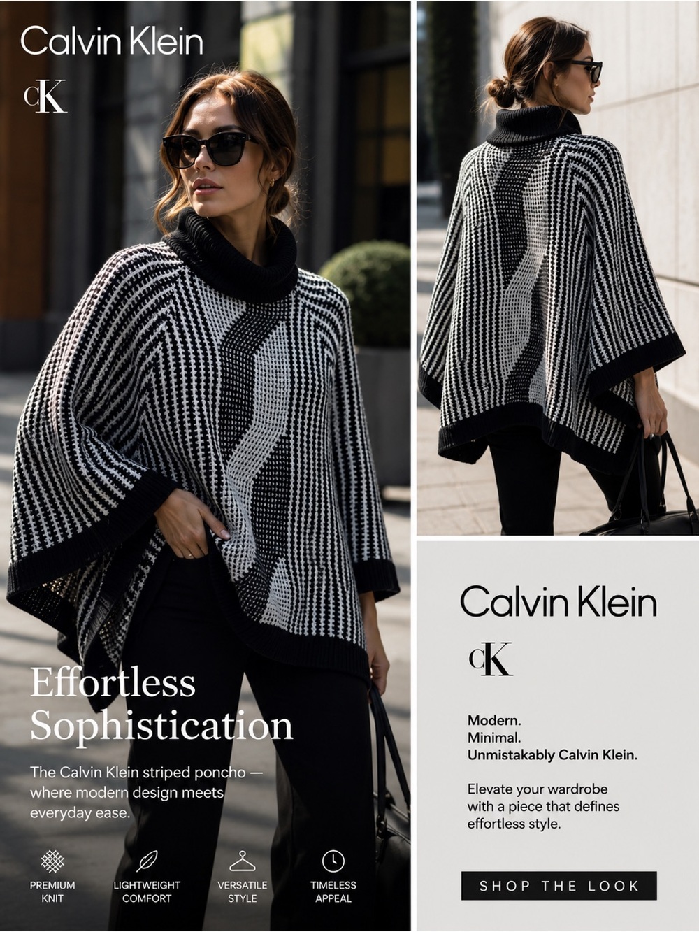 Calvin Klein Striped Black and White Poncho